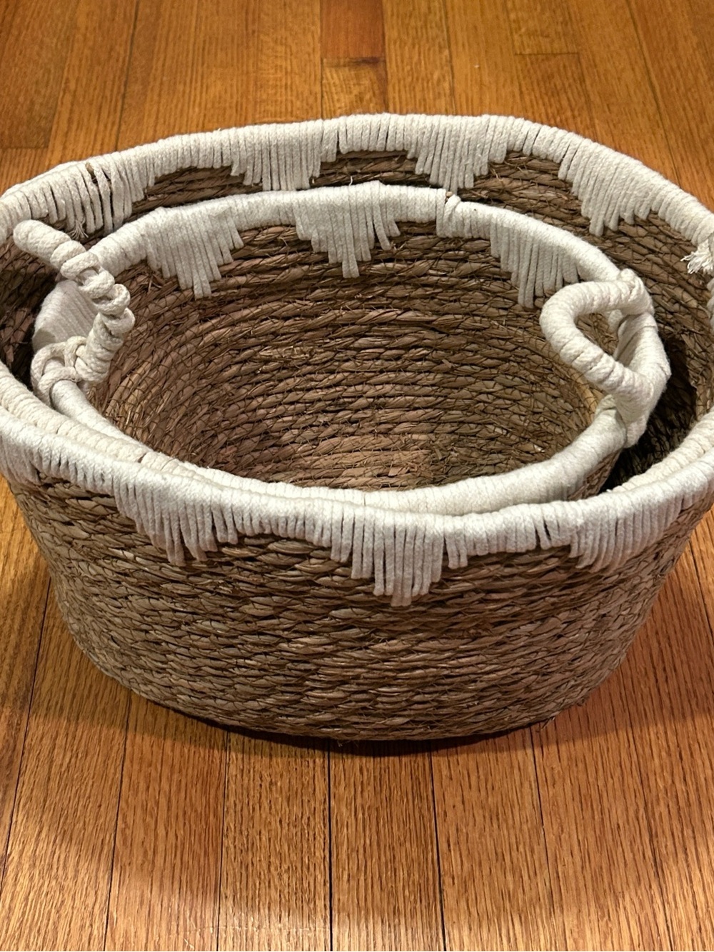 Bombay Seagrass Nesting Storage Baskets with White Trim-Set of 3